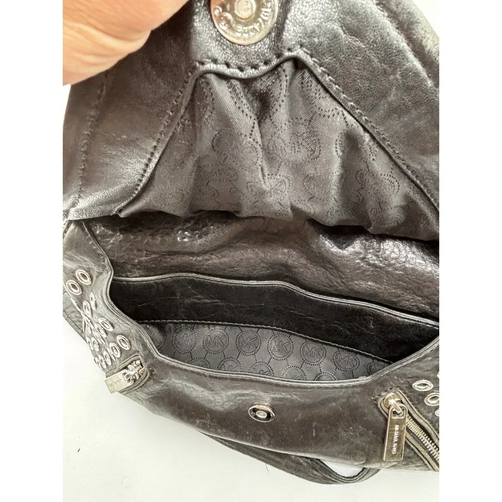 Michael Kors‎ Y2K Black Silver Studded Hobo Shoulder Bag Grunge Leather